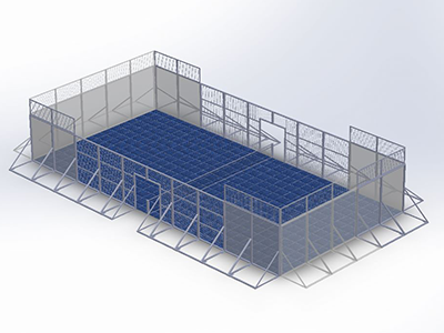 Mobile padel court for indoor and outdoor sports, suitable for multipurpose field.